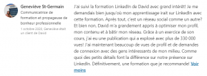 Témoignage Geneviève St-Germain - Formation David Gaudreault Stratège et formateur en positionnement sur LinkedIn